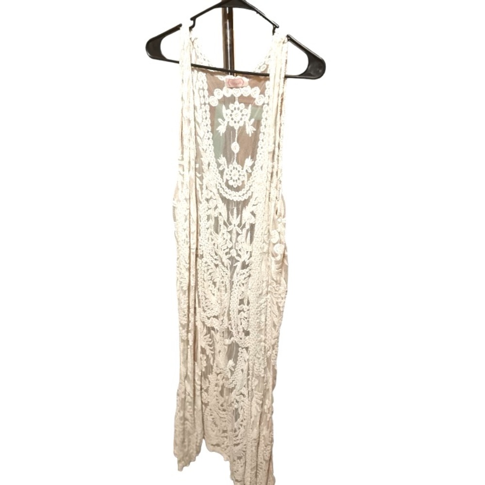 Crotchet sleeveless floor length cardigan. One size. Great for festivals